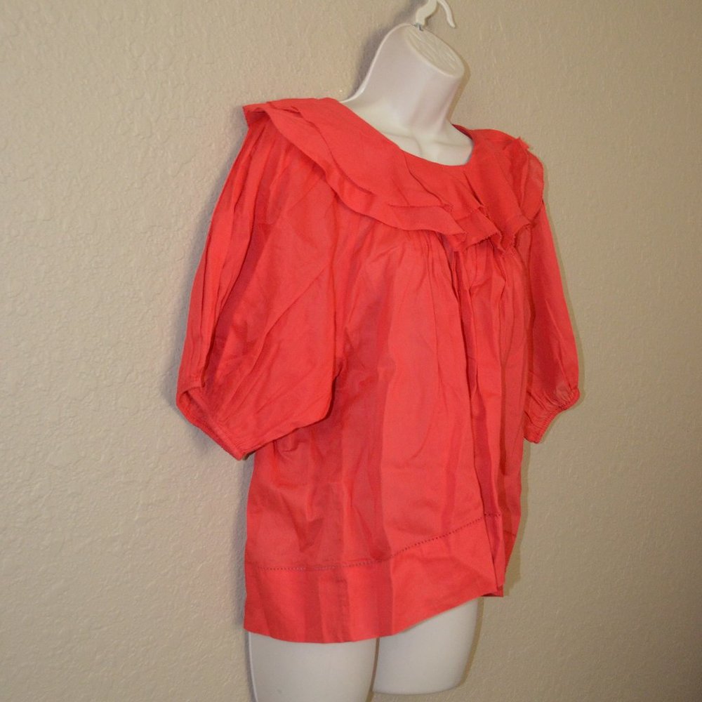 NWT $248 The Great The Sunrise Ruffled Cotton-Voile Red Short Sleeve Blouse - Picture 7 of 10